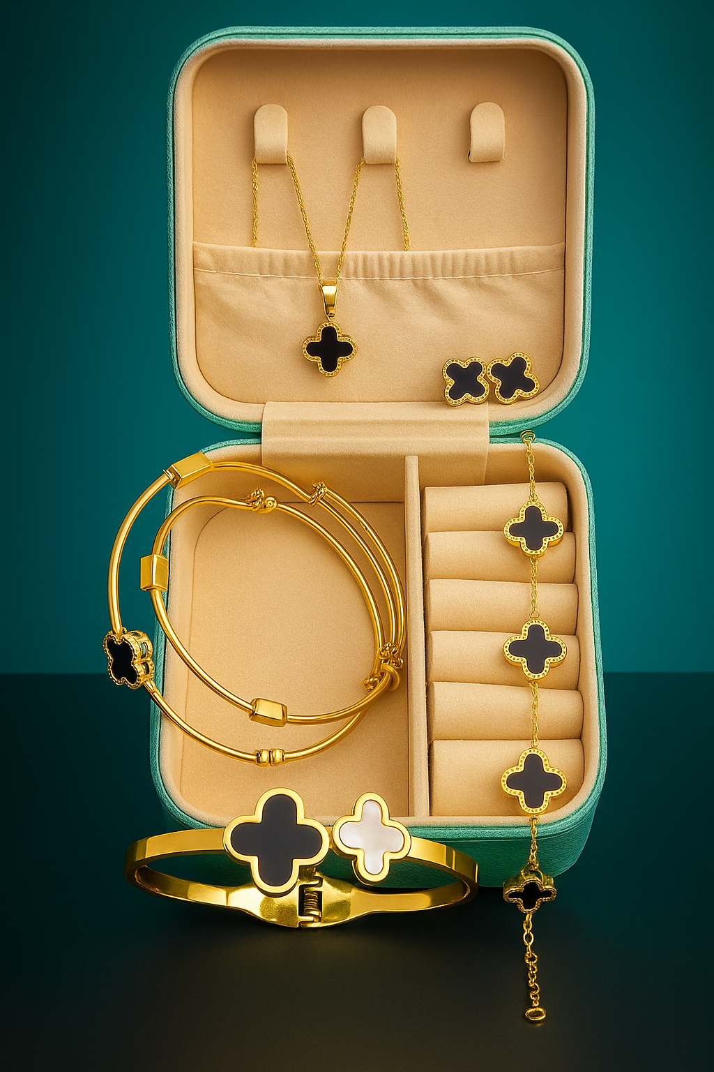 Stainless Steel Clover Deal ( Necklace+Bracelet+Earrings+Handcuffs+Bangle)