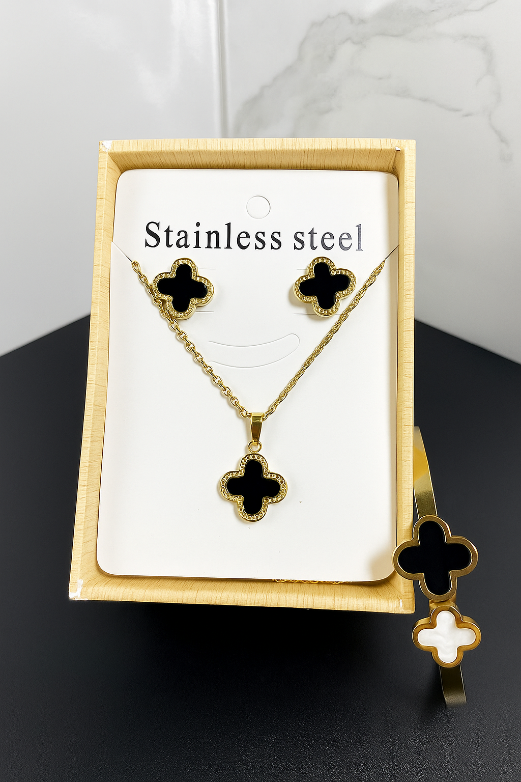Stainless Steel Clover Necklace + Earrings + Bangle