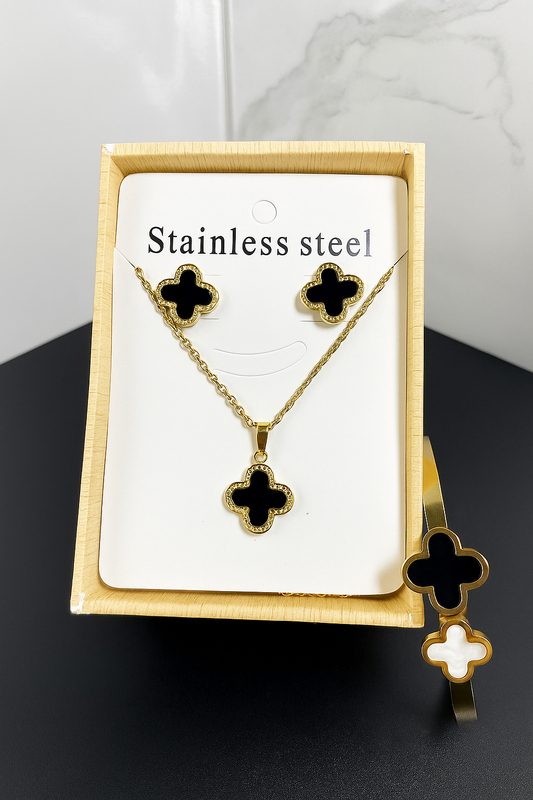 Stainless Steel Clover Necklace + Earrings + Bangle