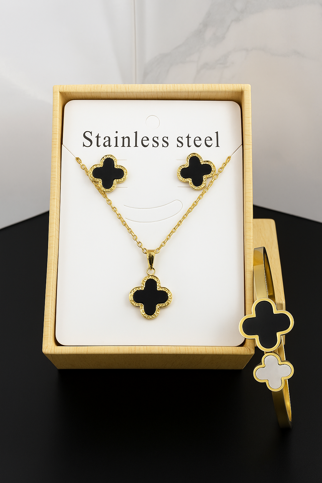 Stainless Steel Clover Necklace + Earrings + Bangle